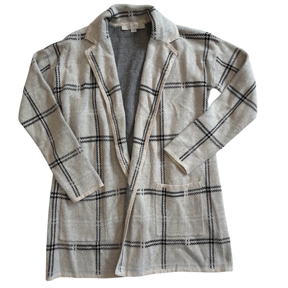 LOFT plaid open front cardigan featuring a notched collar and‎ patch pockets XS